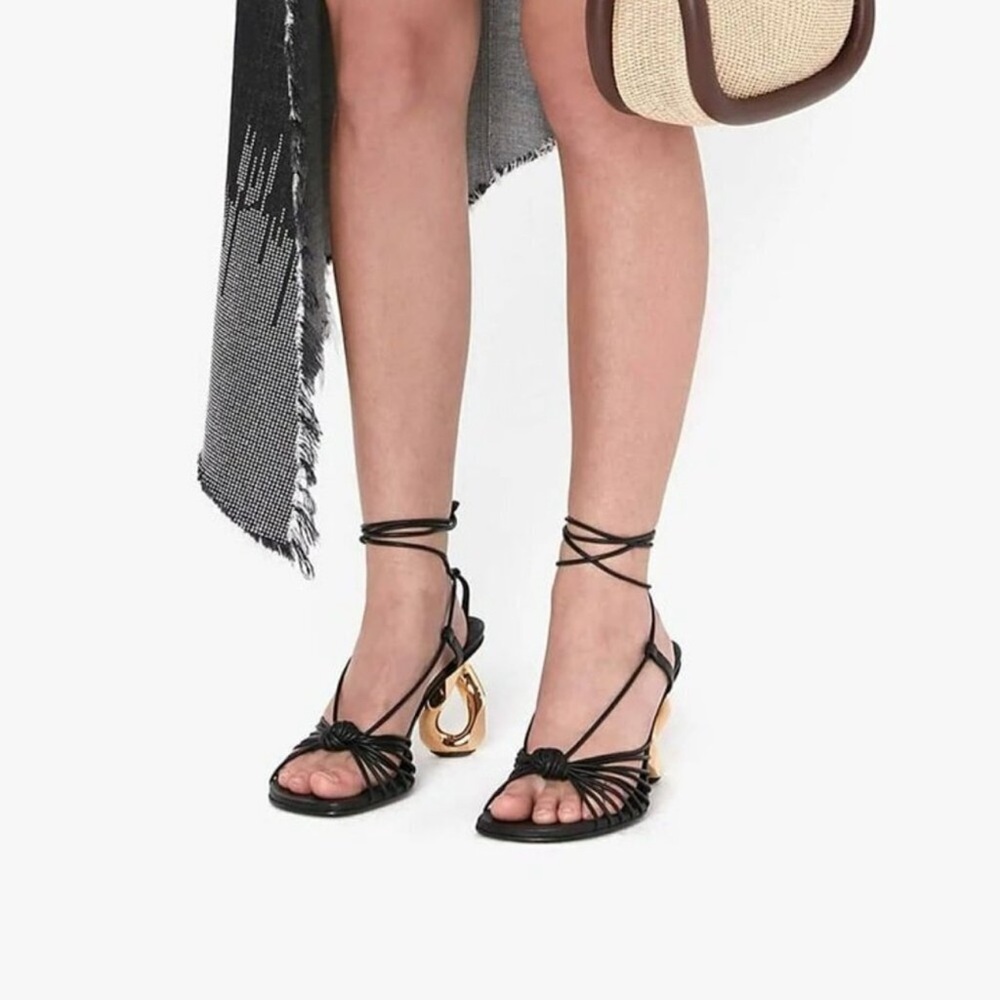 JW Anderson chain link heel sandals ankle strap black/gold nappa leather 7 NWT